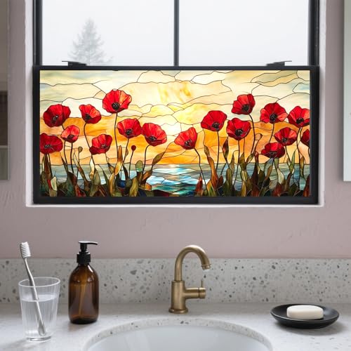 IVN Stained Glass Window Film 39.3x17.7 inch Poppy Flowers Window Privacy Film Stained Decals Static Cling Sun Blocking Decor for Home Office Windows Door Glass Partitions - Image 1