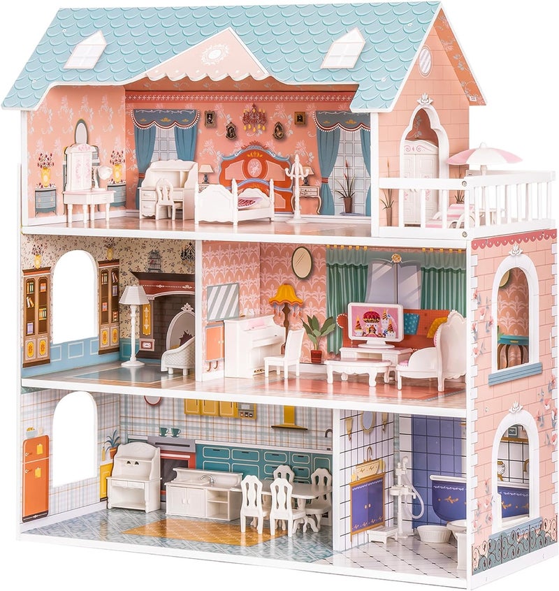 ROBUD Wooden Dollhouse for Kids Girls, Toy Gift for 3 4 5 6 Years Old, with Furniture - Image 1