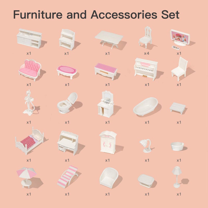 ROBUD Wooden Dollhouse for Kids Girls, Toy Gift for 3 4 5 6 Years Old, with Furniture - Image 4