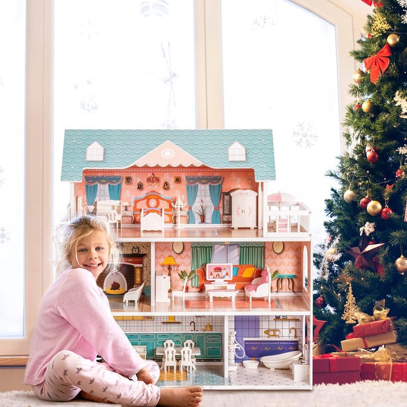 ROBUD Wooden Dollhouse for Kids Girls, Toy Gift for 3 4 5 6 Years Old, with Furniture - Image 2