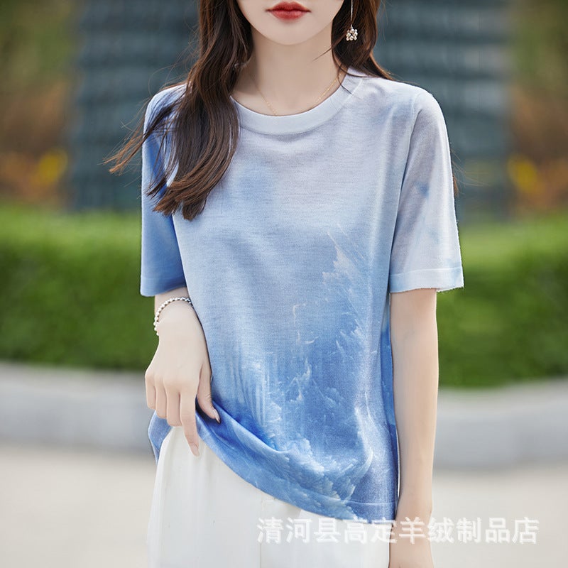 There Is Always A Suitable One-Summer Classic Joker Mulberry Silk Various Printed Pattern Round Neck Short Sleeve T-Shirt - Image 1