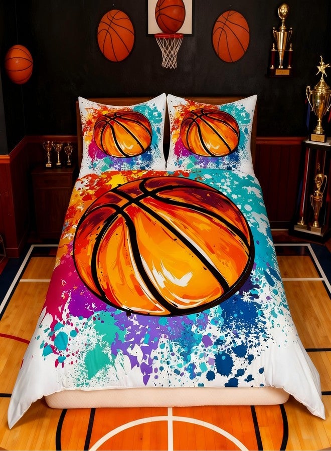 Castle Fairy Watercolor Tie-dye Bedding Set,Cartoon Basketball Print Duvet Cover for Kid Teen Boys Girls,Youthful Comforter Cover Decorative Room,Sports Gaming Quilt Cover with 2 Pillowcases,Full Size - Image 1