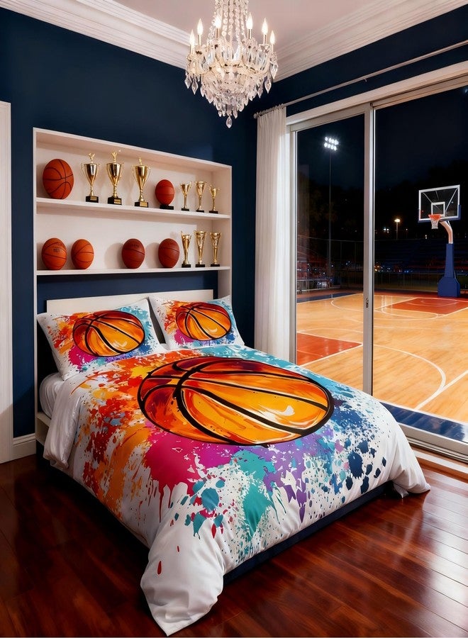 Castle Fairy Watercolor Tie-dye Bedding Set,Cartoon Basketball Print Duvet Cover for Kid Teen Boys Girls,Youthful Comforter Cover Decorative Room,Sports Gaming Quilt Cover with 2 Pillowcases,Full Size - Image 2