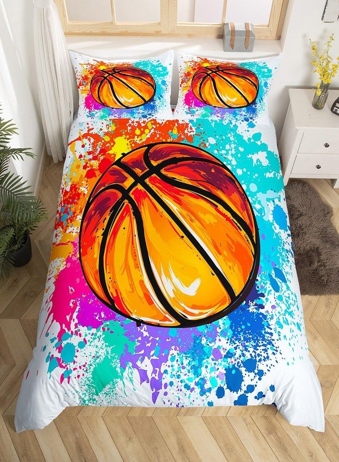 Castle Fairy Watercolor Tie-dye Bedding Set,Cartoon Basketball Print Duvet Cover for Kid Teen Boys Girls,Youthful Comforter Cover Decorative Room,Sports Gaming Quilt Cover with 2 Pillowcases,Full Size - Image 3