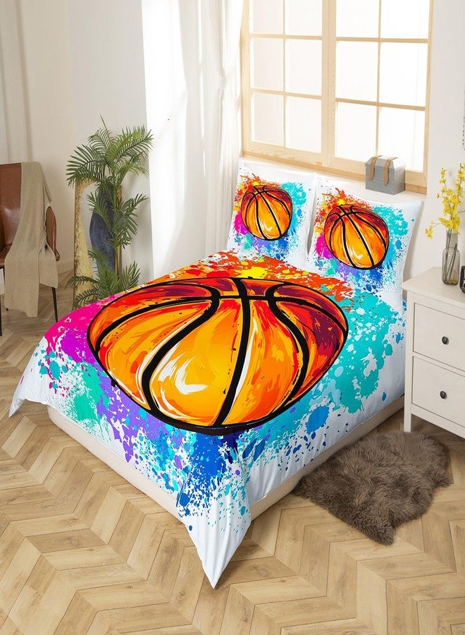 Castle Fairy Watercolor Tie-dye Bedding Set,Cartoon Basketball Print Duvet Cover for Kid Teen Boys Girls,Youthful Comforter Cover Decorative Room,Sports Gaming Quilt Cover with 2 Pillowcases,Full Size - Image 4
