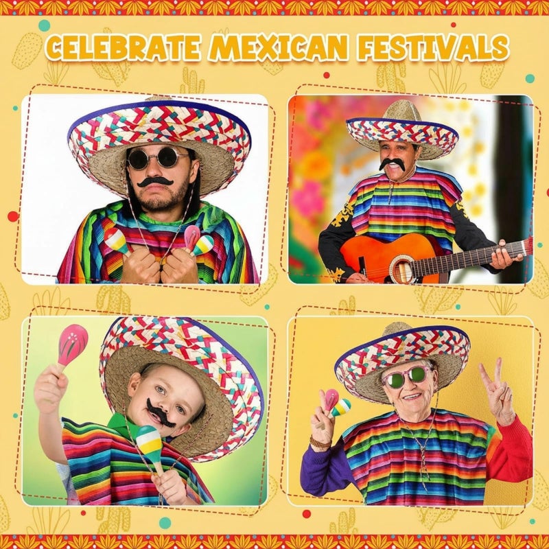 Unittype 6 Pcs Mxeican Costume Set Sombrero Hat Serape Poncho Mustache Maracas Fiesta Outfit Mexco Accessories(Featured) - Image 4