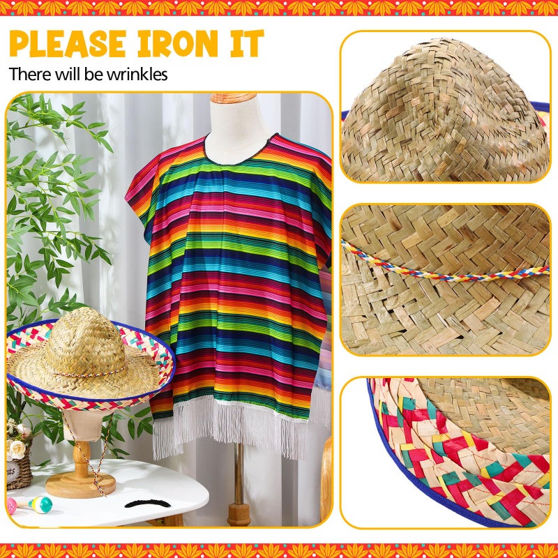 Unittype 6 Pcs Mxeican Costume Set Sombrero Hat Serape Poncho Mustache Maracas Fiesta Outfit Mexco Accessories(Featured) - Image 3