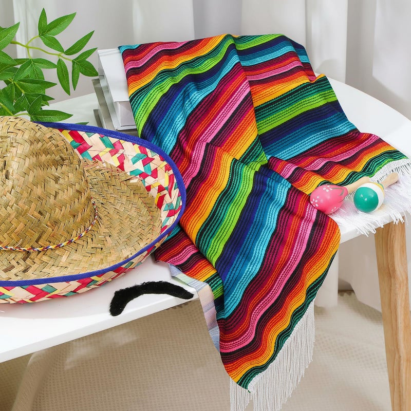 Unittype 6 Pcs Mxeican Costume Set Sombrero Hat Serape Poncho Mustache Maracas Fiesta Outfit Mexco Accessories(Featured) - Image 5