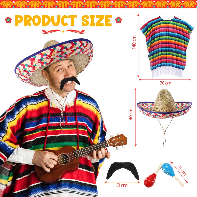 Unittype 6 Pcs Mxeican Costume Set Sombrero Hat Serape Poncho Mustache Maracas Fiesta Outfit Mexco Accessories(Featured) - Image 2