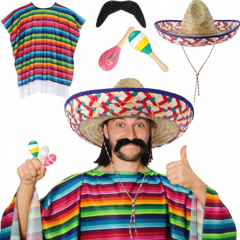 Unittype 6 Pcs Mxeican Costume Set Sombrero Hat Serape Poncho Mustache Maracas Fiesta Outfit Mexco Accessories(Featured) - Image 1