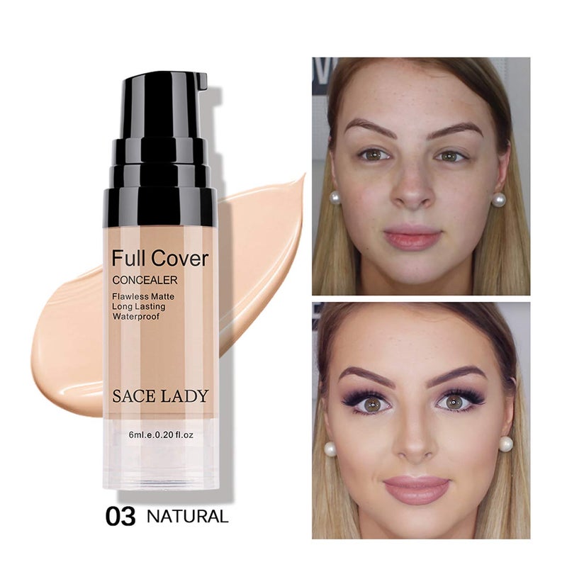 SACE LADY Waterproof Full Coverage Concealer With Primer Sponge Set, Smooth Matte Flawless Creamy Liquid Foundation Corrector Makeup Kit for Face Eye Dark Circles Spot Acne Scar Cover (0.2Fl, Natural) - Image 2