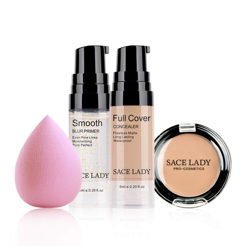 SACE LADY Waterproof Full Coverage Concealer With Primer Sponge Set, Smooth Matte Flawless Creamy Liquid Foundation Corrector Makeup Kit for Face Eye Dark Circles Spot Acne Scar Cover (0.2Fl, Natural) - Image 1