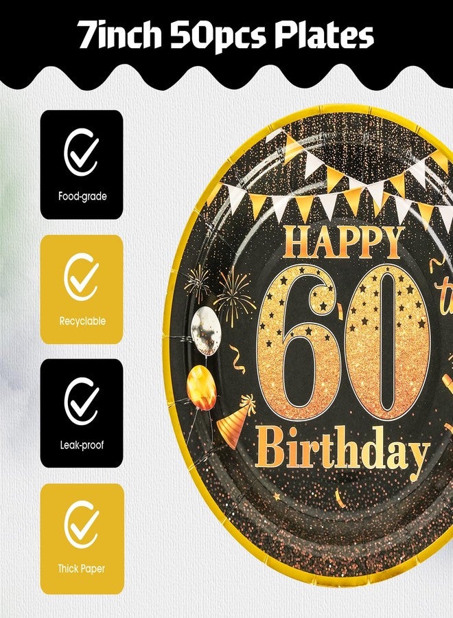 LDFDRT Party Paper Plates 60th Birthday Decorations - 50 Pcs 7" Black Gold Plates Tableware Set for Happy Birthday Party Supplies - Image 5