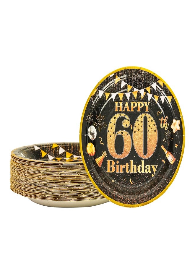 LDFDRT Party Paper Plates 60th Birthday Decorations - 50 Pcs 7" Black Gold Plates Tableware Set for Happy Birthday Party Supplies - Image 1