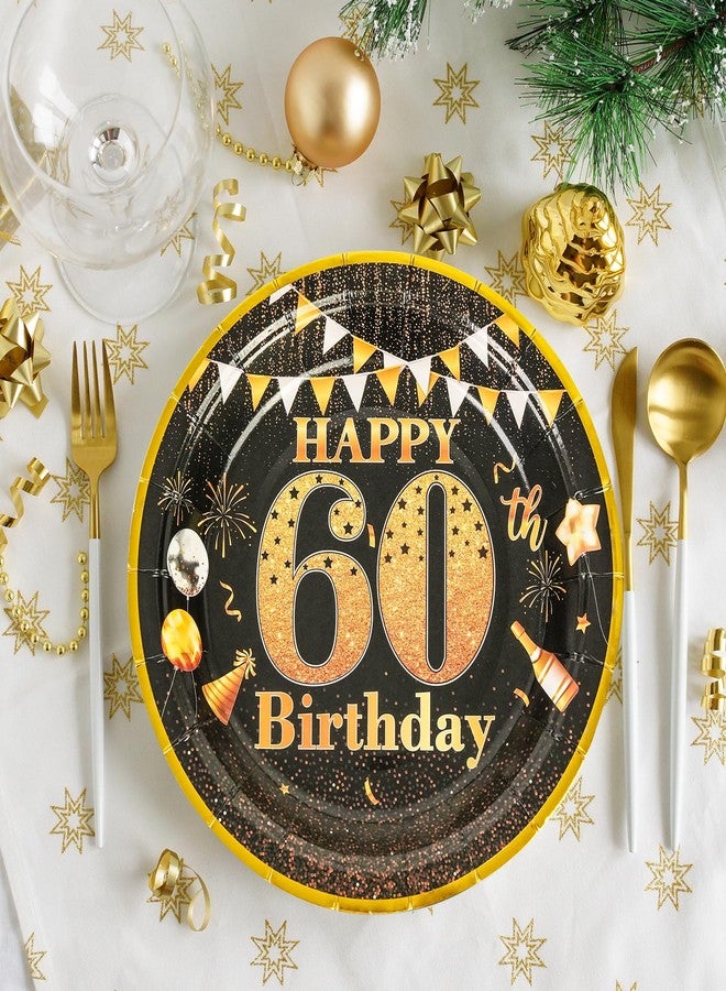 LDFDRT Party Paper Plates 60th Birthday Decorations - 50 Pcs 7" Black Gold Plates Tableware Set for Happy Birthday Party Supplies - Image 2