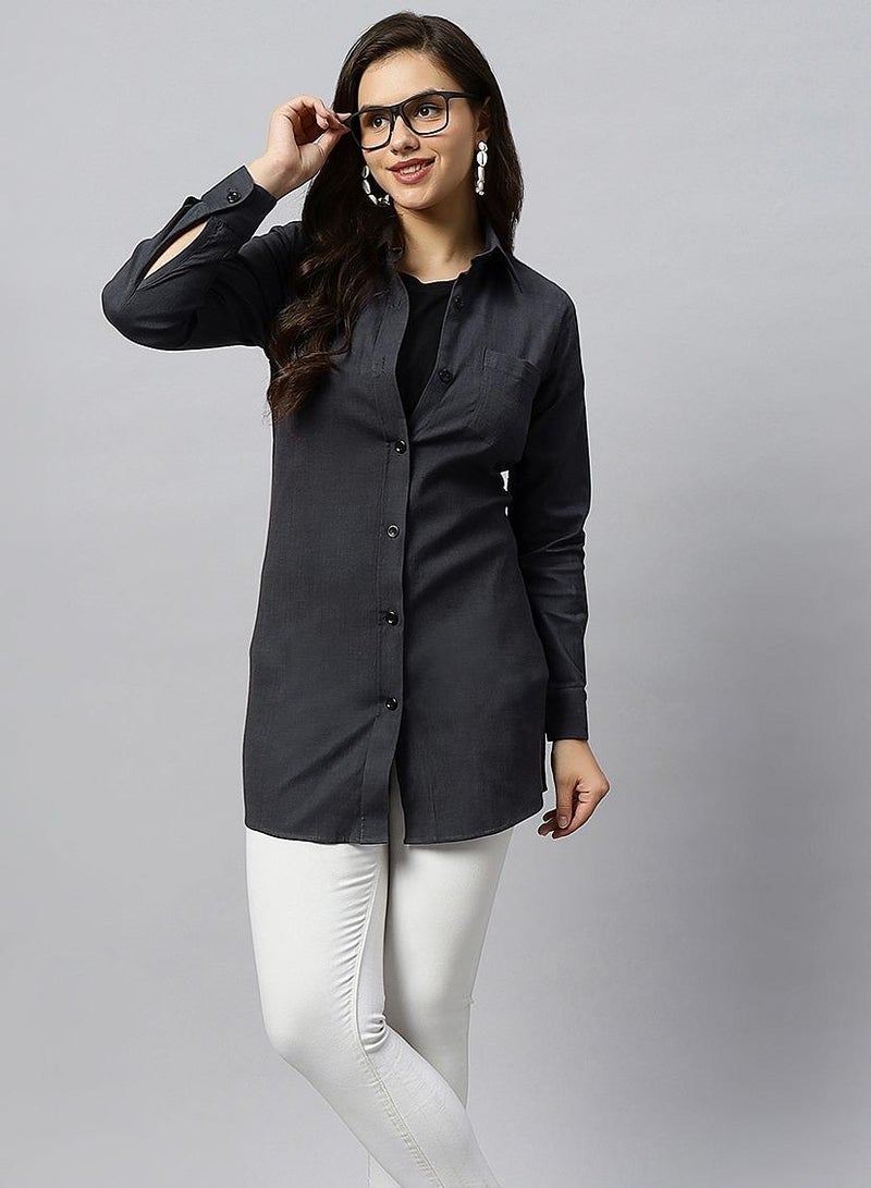 TUMMY Long cotton lycra denim maternity shirt - Image 3