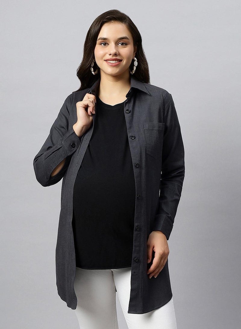 TUMMY Long cotton lycra denim maternity shirt - Image 1
