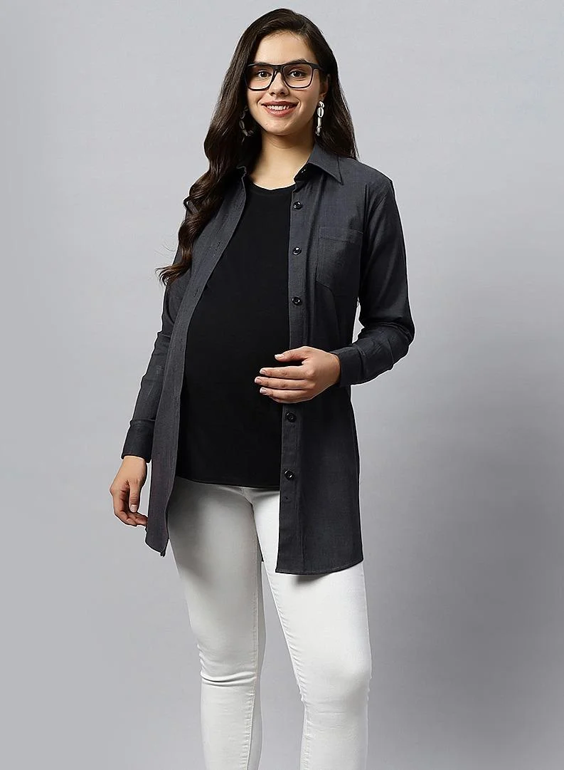 TUMMY Long cotton lycra denim maternity shirt