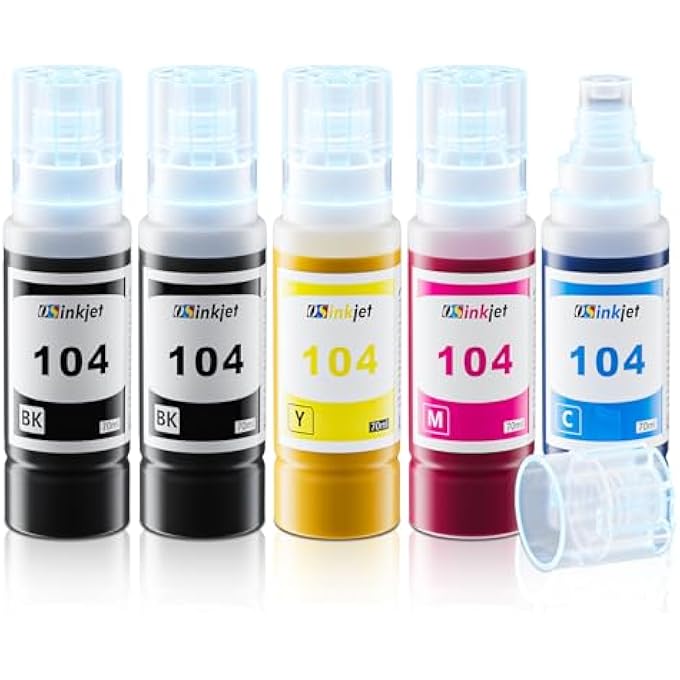 INK 104 4-COLOUR MULTIPACK, PRINTER CARTRIDGES 104 SET COMPATIBLE WITH EPSON ECOTANK ET-2870 ET-4800 ET-2810 ET-2820 ET-2875 ET-2861 ET-2811 ET-2720 ET-2826 ET-2864 (BLACK, C, M, M, M, M, M, - Image 1