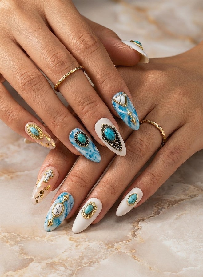 SIXAOAZZ 50 PCS Turquoise Nail Ornaments 3D Nail Art Supplies Accessories Western Retro for Nail Art DIY, Small, Blue - Image 3