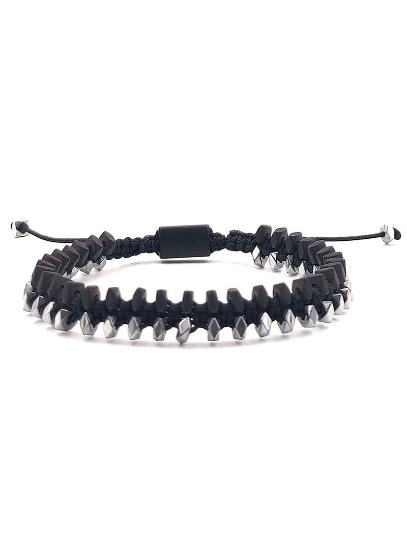 CHRYSOSTOMOS - Handmade Adjustable Beaded Knitted Bracelet for Men with Black Cord and Silver/Black Hematite, Adjustable Macrame Tying - Image 1