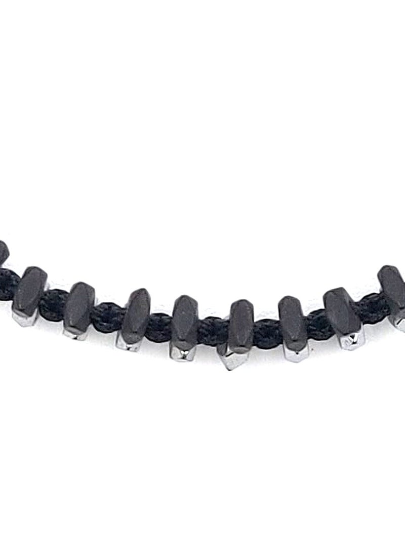 CHRYSOSTOMOS - Handmade Adjustable Beaded Knitted Bracelet for Men with Black Cord and Silver/Black Hematite, Adjustable Macrame Tying - Image 1