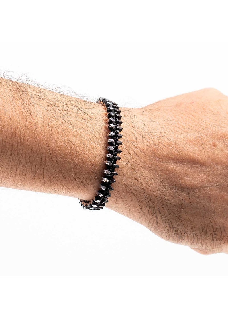 CHRYSOSTOMOS - Handmade Adjustable Beaded Knitted Bracelet for Men with Black Cord and Silver/Black Hematite, Adjustable Macrame Tying - Image 1