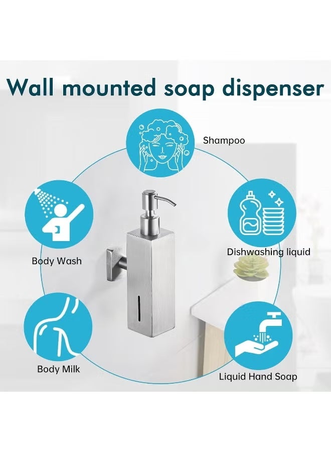 TASVORA Chrome Soap Dispenser 250ml | Wall Mounted Stainless Steel Liquid Soap Holder | Refillable Shampoo & Conditioner Dispenser | Square Hand Sanitizer & Dish Soap Pump for Bathroom & Kitchen - Image 4