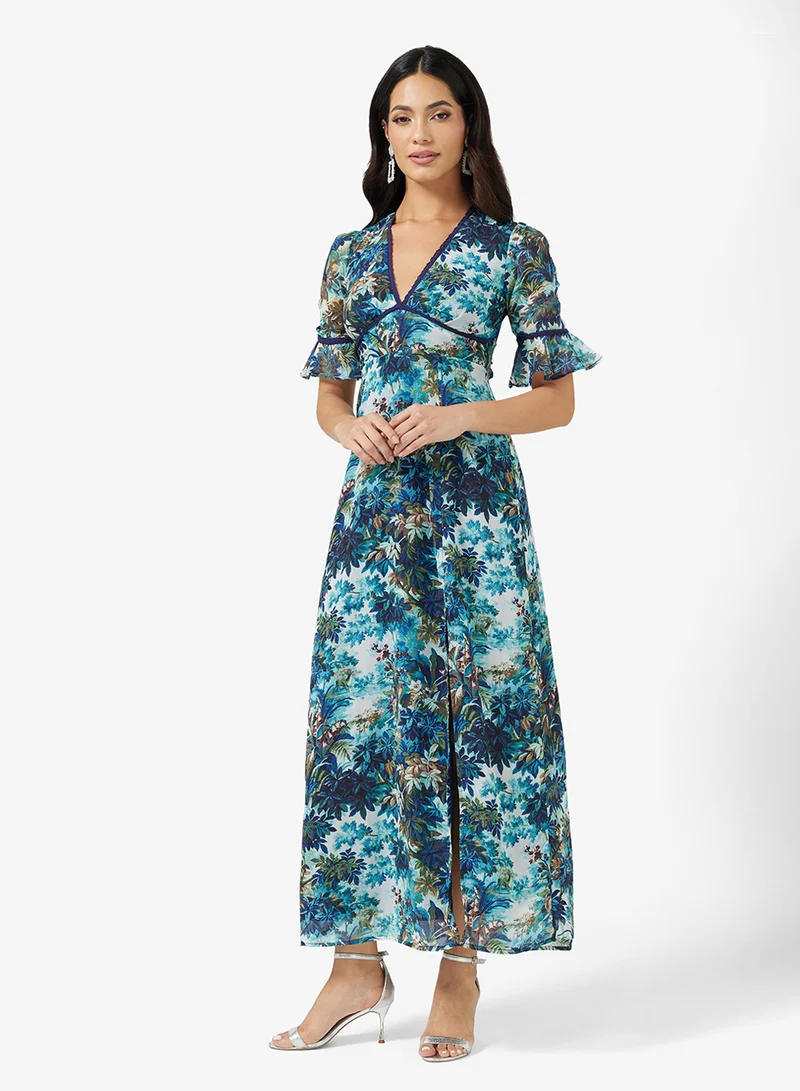Hope & Ivy Frill Sleeve Thigh Split Open Back Lace detail Maxi Dress