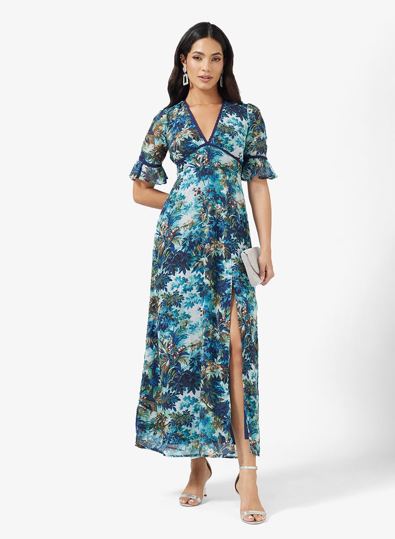 Hope & Ivy Frill Sleeve Thigh Split Open Back Lace detail Maxi Dress - Image 1