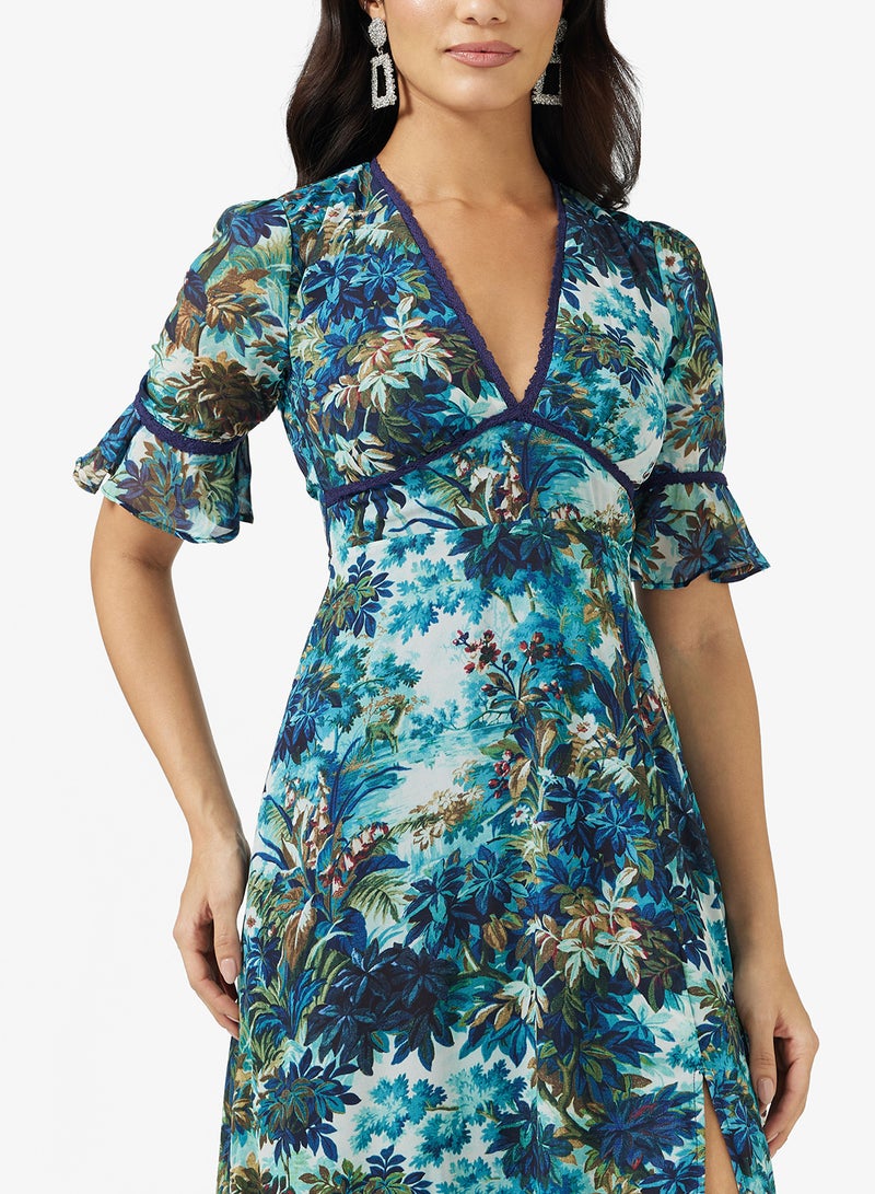 Hope & Ivy Frill Sleeve Thigh Split Open Back Lace detail Maxi Dress - Image 3