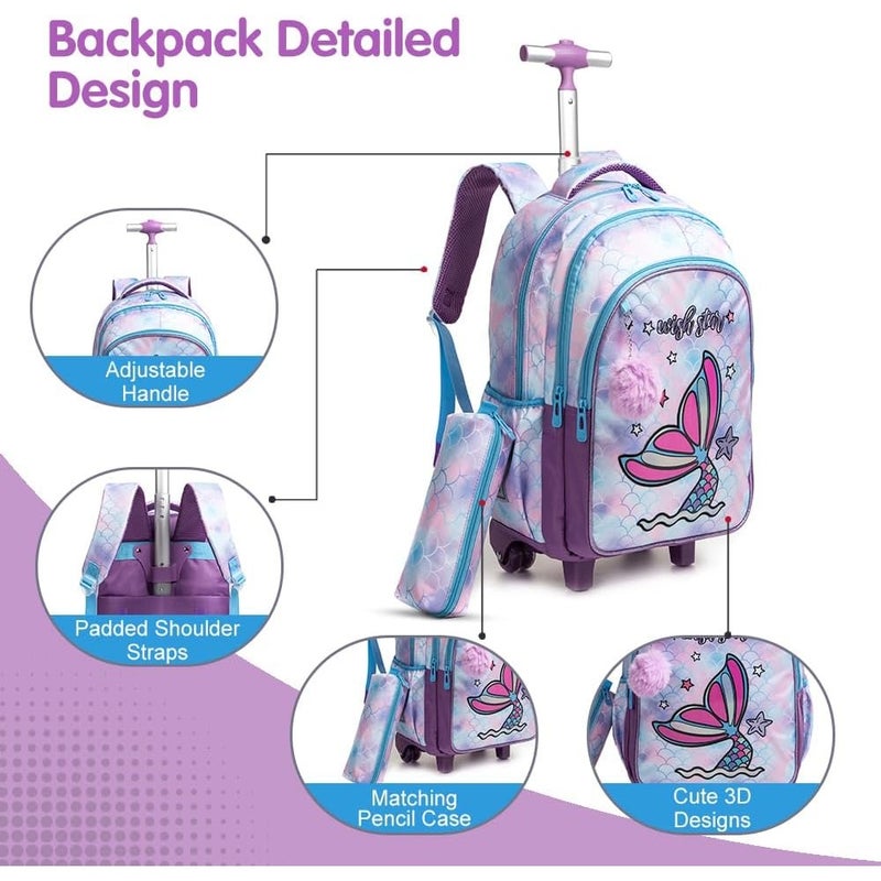 18Inch Set of 3 Trolley School Bag with Lunch Bag and Pencil Case Mermaid - Purple - Image 5