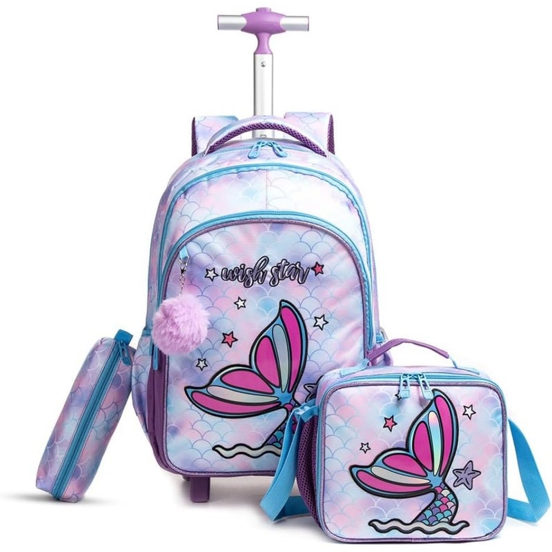 18Inch Set of 3 Trolley School Bag with Lunch Bag and Pencil Case Mermaid - Purple - Image 1