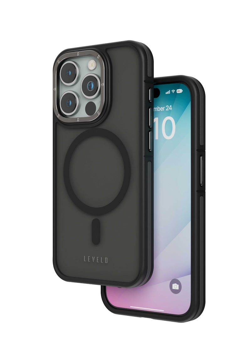 LEVELO iPhone 15 Pro Case Rouge MagSafe Matte Back Cover with Metal Camera Ring / 3H Anti Scratch / Shock-Proof Edges / MagSafe Compatibility / Magnetic Attachment / Reinforced Corners with Airguard - Black - Image 1