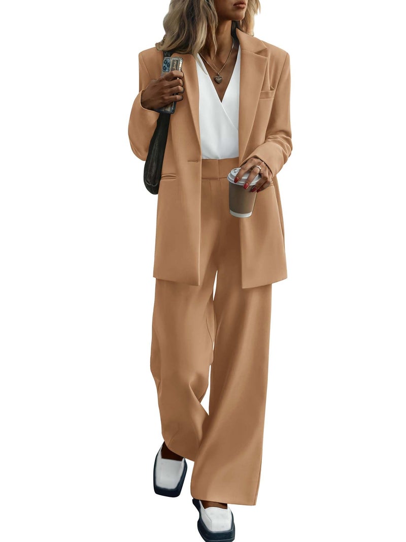 KIRUNDO Women Suits 2 Piece Set Business Casual Dressy Oversized Blazer Jacket and Wide Leg Dress Pantsuits Formal Outfits(Khaki, X-Large) - Image 1