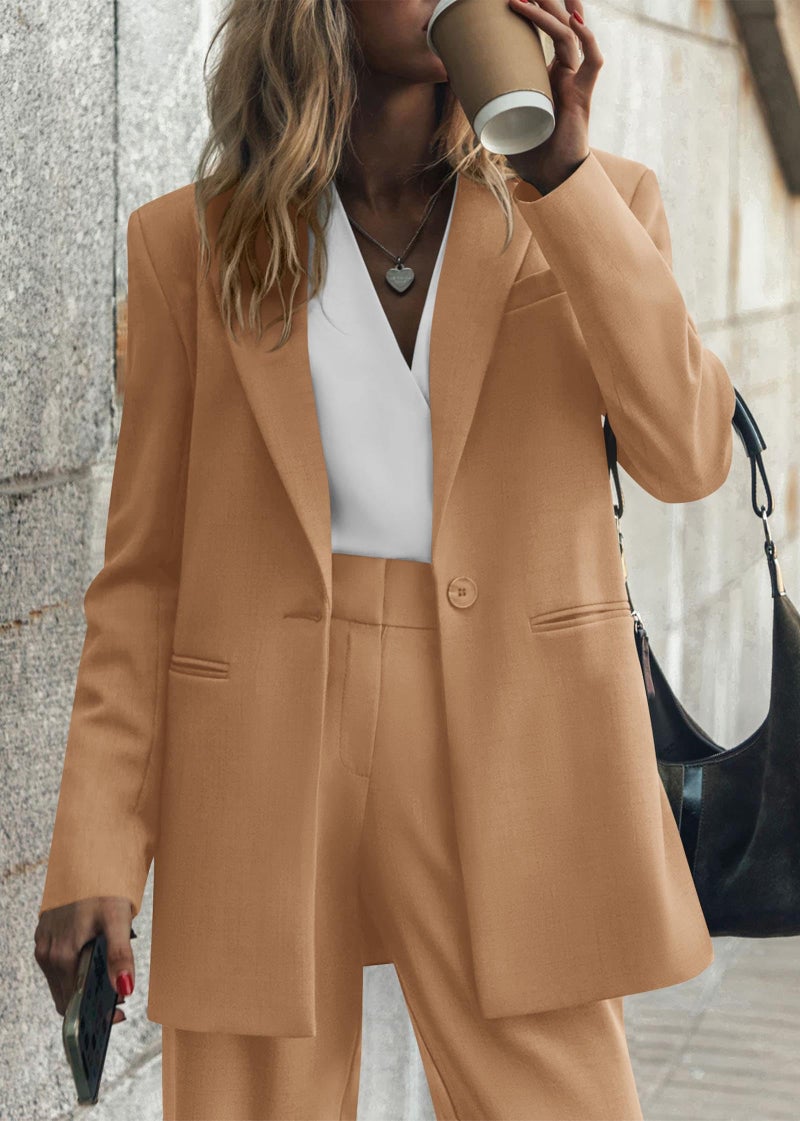 KIRUNDO Women Suits 2 Piece Set Business Casual Dressy Oversized Blazer Jacket and Wide Leg Dress Pantsuits Formal Outfits(Khaki, X-Large) - Image 5