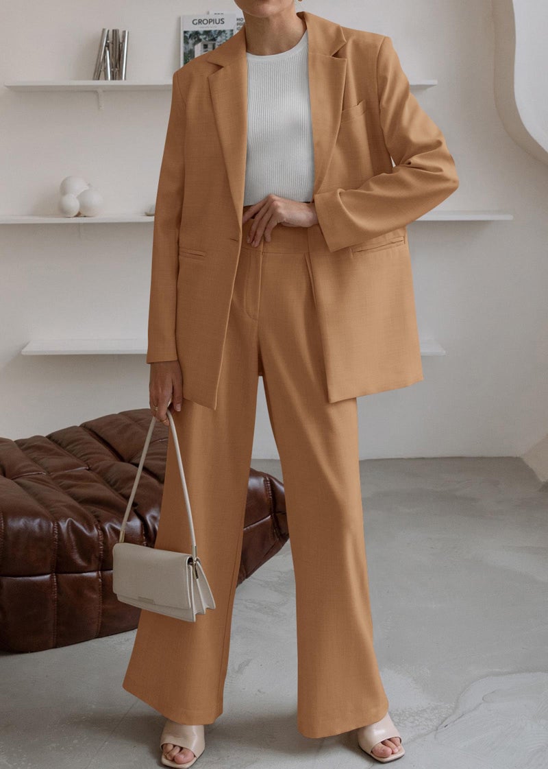KIRUNDO Women Suits 2 Piece Set Business Casual Dressy Oversized Blazer Jacket and Wide Leg Dress Pantsuits Formal Outfits(Khaki, X-Large) - Image 3
