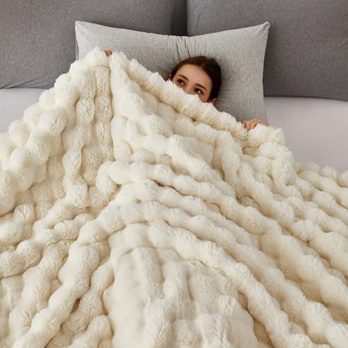 COOVA Faux Fur Throw Blanket for Couch, Cozy Soft and Fuzzy Plush Rabbit Fur Bubble Blanket for Sofa Bedroom Living Room, 50x60 Inches Ivory White - Image 4