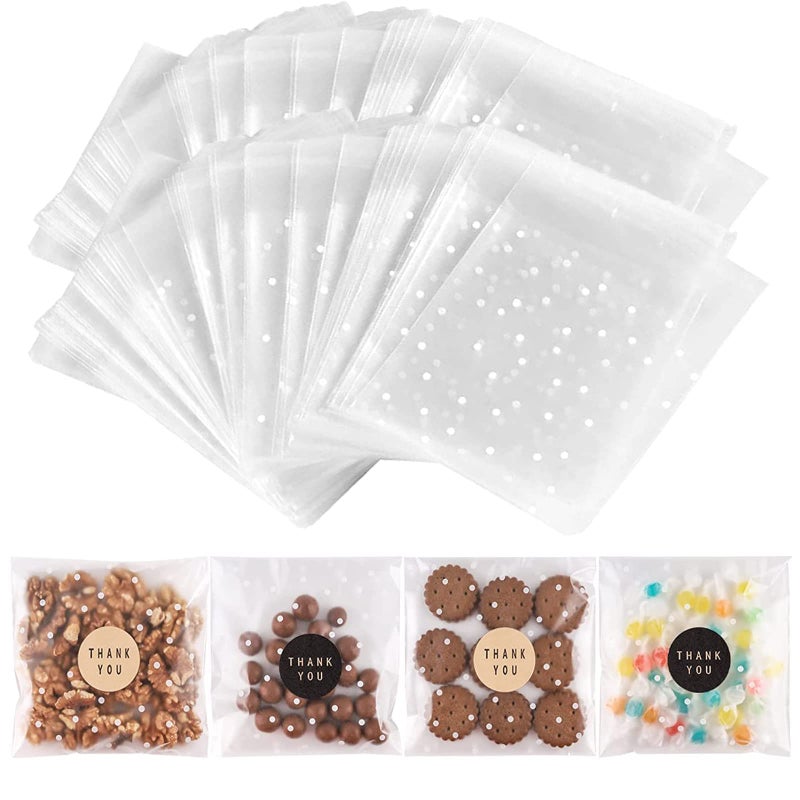 NPLUX 200PACK Self Adhesive Cookie Bags Cellophane Treat Bags Thank You for Gift Giving Candy with Stickers(White Polka Dot, 5.5x5.5 INCH) - Image 1