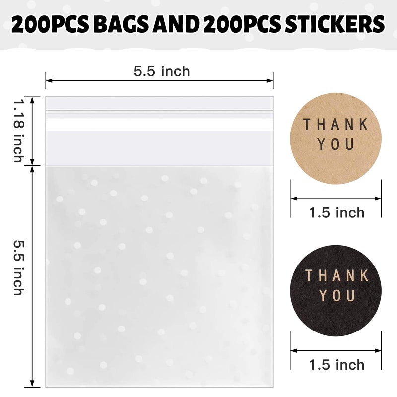 NPLUX 200PACK Self Adhesive Cookie Bags Cellophane Treat Bags Thank You for Gift Giving Candy with Stickers(White Polka Dot, 5.5x5.5 INCH) - Image 2