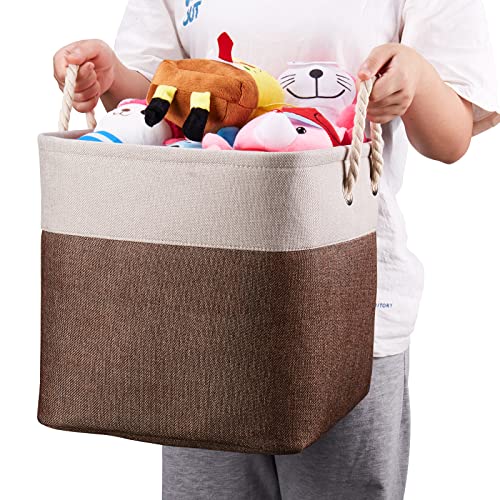 HSDT Fabric Cube Storage Bins 13x13x12.5 Inch Beige and Brown Cube Storage Boxes Collapsible Large Cloth Organizer Baskets with Cotton Rops Handles for Storage Cubbies or Closet Shelf ,QY-SC29-2 - Image 2