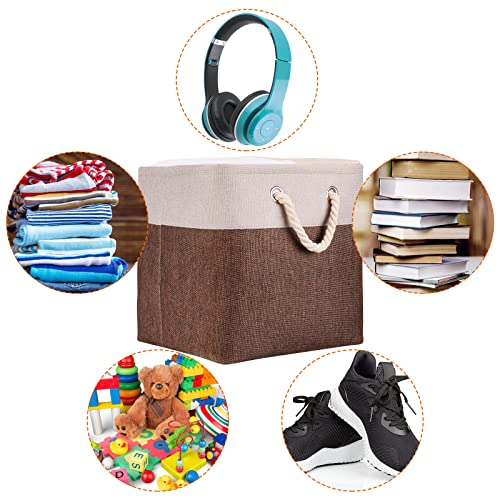 HSDT Fabric Cube Storage Bins 13x13x12.5 Inch Beige and Brown Cube Storage Boxes Collapsible Large Cloth Organizer Baskets with Cotton Rops Handles for Storage Cubbies or Closet Shelf ,QY-SC29-2 - Image 3