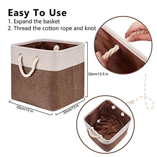 HSDT Fabric Cube Storage Bins 13x13x12.5 Inch Beige and Brown Cube Storage Boxes Collapsible Large Cloth Organizer Baskets with Cotton Rops Handles for Storage Cubbies or Closet Shelf ,QY-SC29-2 - Image 4