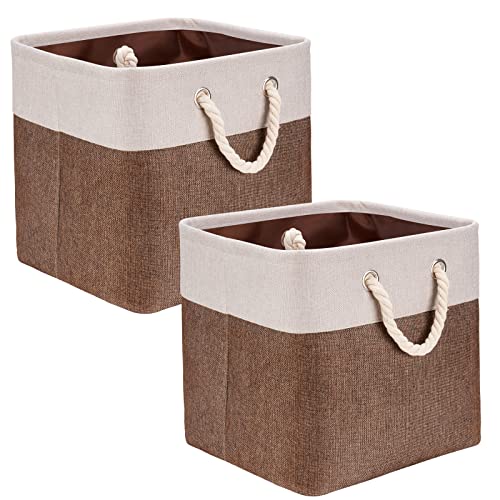 HSDT Fabric Cube Storage Bins 13x13x12.5 Inch Beige and Brown Cube Storage Boxes Collapsible Large Cloth Organizer Baskets with Cotton Rops Handles for Storage Cubbies or Closet Shelf ,QY-SC29-2 - Image 1