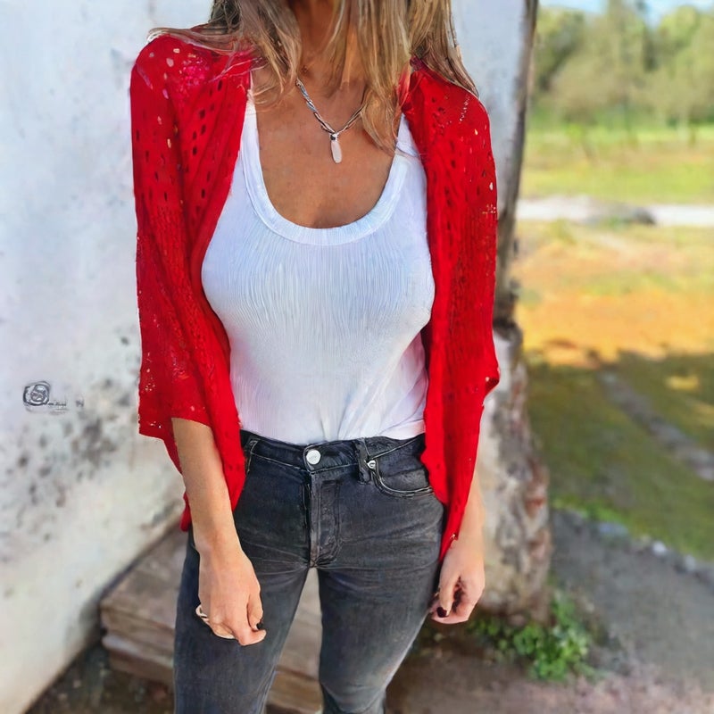 كنزة كارديغان محبوكة قصيرة الأكمام بتصميم مفرغ - Image 2