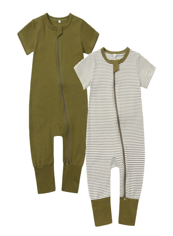 Feidoog Toddler 2 Pack Baby Zipper Rompers Cotton Short Sleeve 2 Way Zipper One Piece Jumpsuit Outfits,Dark Green,18-24M - Image 1