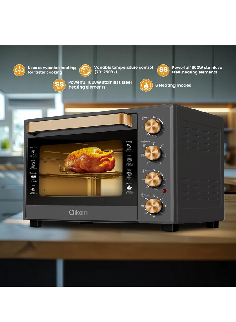 Clikon Dual Chef Grill&Bake 38L Electric Convection Oven with Rotisserie – Multi-Function, Stainless Steel, Adjustable Temperature, Accessories Included 1600 W 38 L 1600 W CK4360 Black and Gold - Image 4
