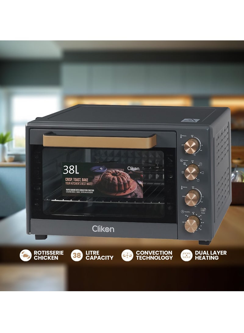 Clikon Dual Chef Grill&Bake 38L Electric Convection Oven with Rotisserie – Multi-Function, Stainless Steel, Adjustable Temperature, Accessories Included 1600 W 38 L 1600 W CK4360 Black and Gold - Image 3