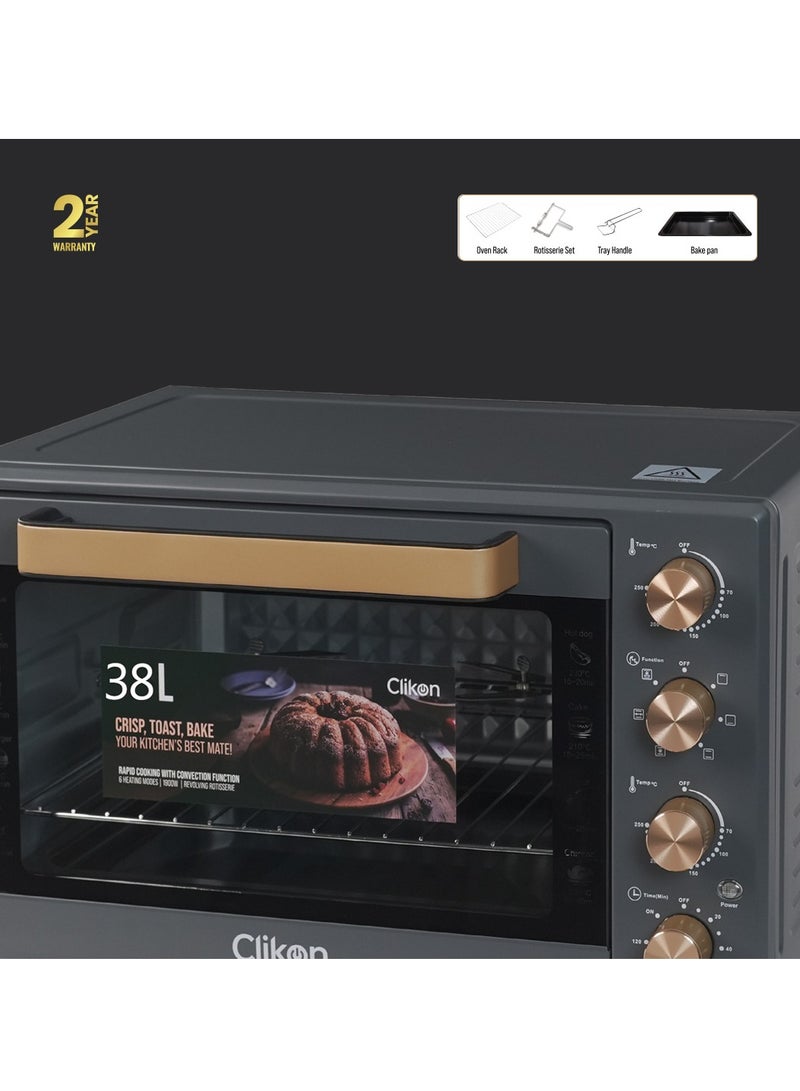 Clikon Dual Chef Grill&Bake 38L Electric Convection Oven with Rotisserie – Multi-Function, Stainless Steel, Adjustable Temperature, Accessories Included 1600 W 38 L 1600 W CK4360 Black and Gold - Image 5