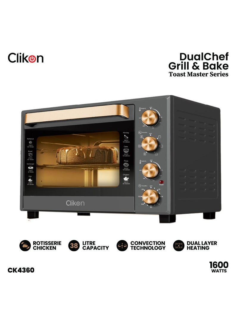 Clikon Dual Chef Grill&Bake 38L Electric Convection Oven with Rotisserie – Multi-Function, Stainless Steel, Adjustable Temperature, Accessories Included 1600 W 38 L 1600 W CK4360 Black and Gold - Image 1